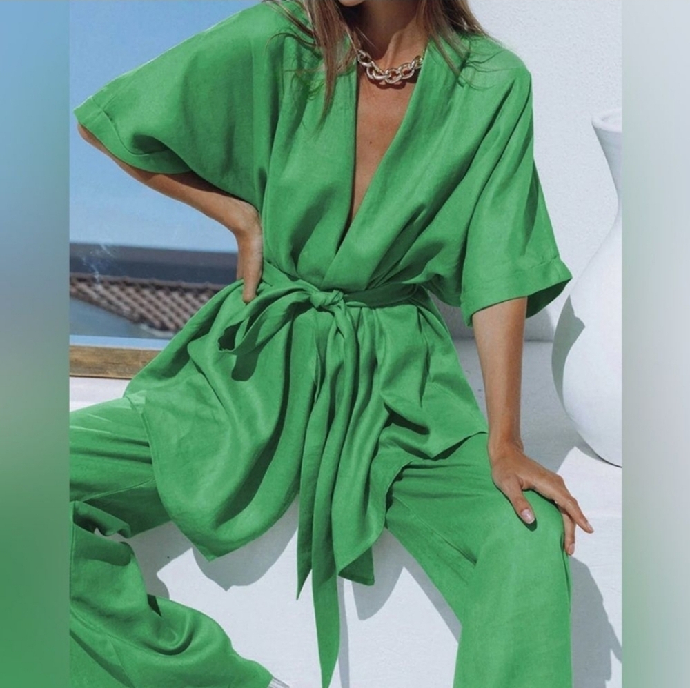 Commense Two Pants Set Cotton Linen Green Oversized Boho Size XS NEW